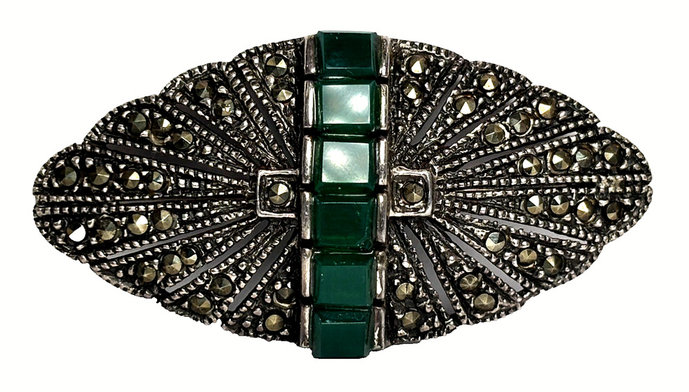 Vintage 925 Sterling Silver Marcasite Brooch - 1.75" Green Stone Art Deco Pin